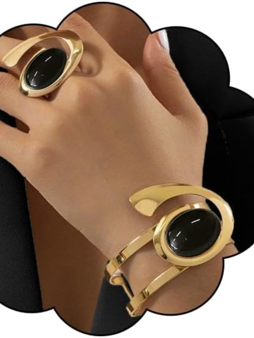 Women Trendy Oval Black Acrylic Bracelet Ring Set
